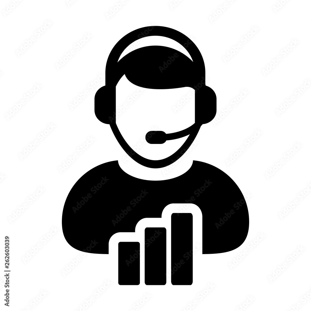 Data analytics service icon vector male customer support person profile avatar with headphone and bar graph for online assistant in glyph pictogram illustration