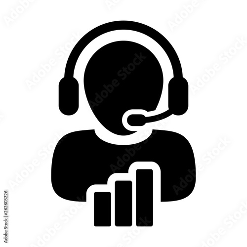 Customer helpline icon vector male data support service person profile avatar with headphone and bar graph for online assistant in glyph pictogram illustration