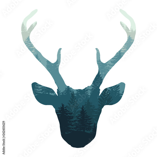 Hand drawn deer head with forest double exposure