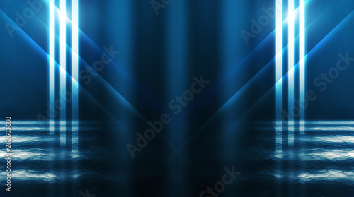 Background of empty street  room. Background of empty scene at night. Concrete coating. Reflection on wet pavement of neon lights. Neon blue lines. Dark abstract background.