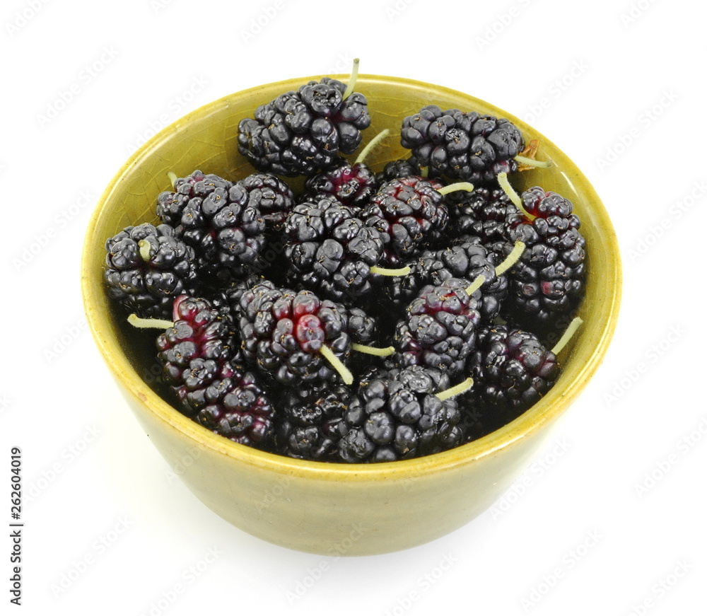 Ripe mulberries background. Mulberry - Morus - healthy fruit close up isolated on white background. Ripe mulberries background. Mulberry - Morus - healthy fruit close up isolated on white background.