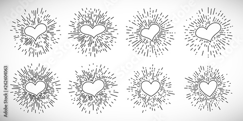 Set of eight Hearts with Vintage Bursting Rays