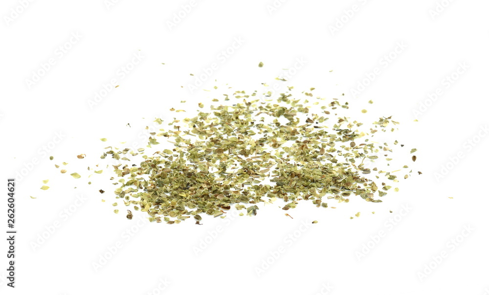 Pile of dried oregano isolated on white. Pile of dried oregano leaves on a white background. Spice for pizza. Pizza ingredient. Pile of dried oregano isolated on white. Pile of dried oregano leaves on a white background. Spice for pizza. Pizza ingredient.