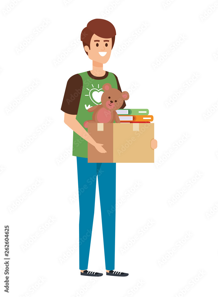 young man volunteer lifting donations box young man volunteer lifting donations box