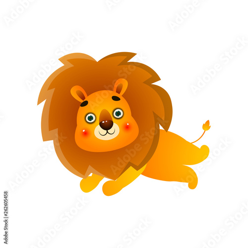 Running gold cute lion in wild field of safari