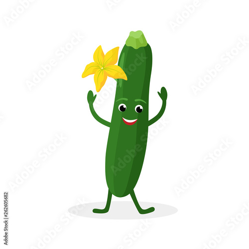 Zucchini cartoon character isolated on white background. Healthy food funny mascot vector illustration in flat design.