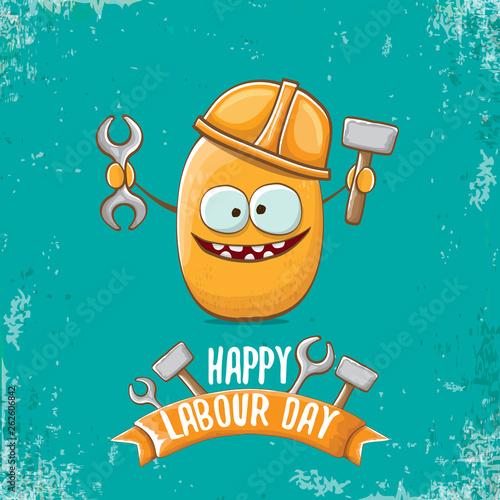 International workers day or labour day greeting card . vector funny cartoon brown smiling worker potato with engineer helmet holding hammer and wrench isolated on blue background. Mayday poster