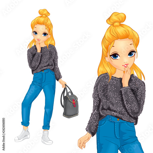 Girl In Fluffy Sweater And Blue Jeans