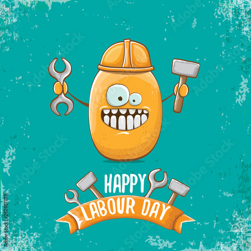 International workers day or labour day greeting card . vector funny cartoon brown smiling worker potato with engineer helmet holding hammer and wrench isolated on blue background. Mayday poster