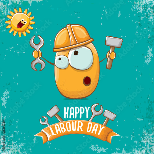 International workers day or labour day greeting card . vector funny cartoon brown smiling worker potato with engineer helmet holding hammer and wrench isolated on blue background. Mayday poster