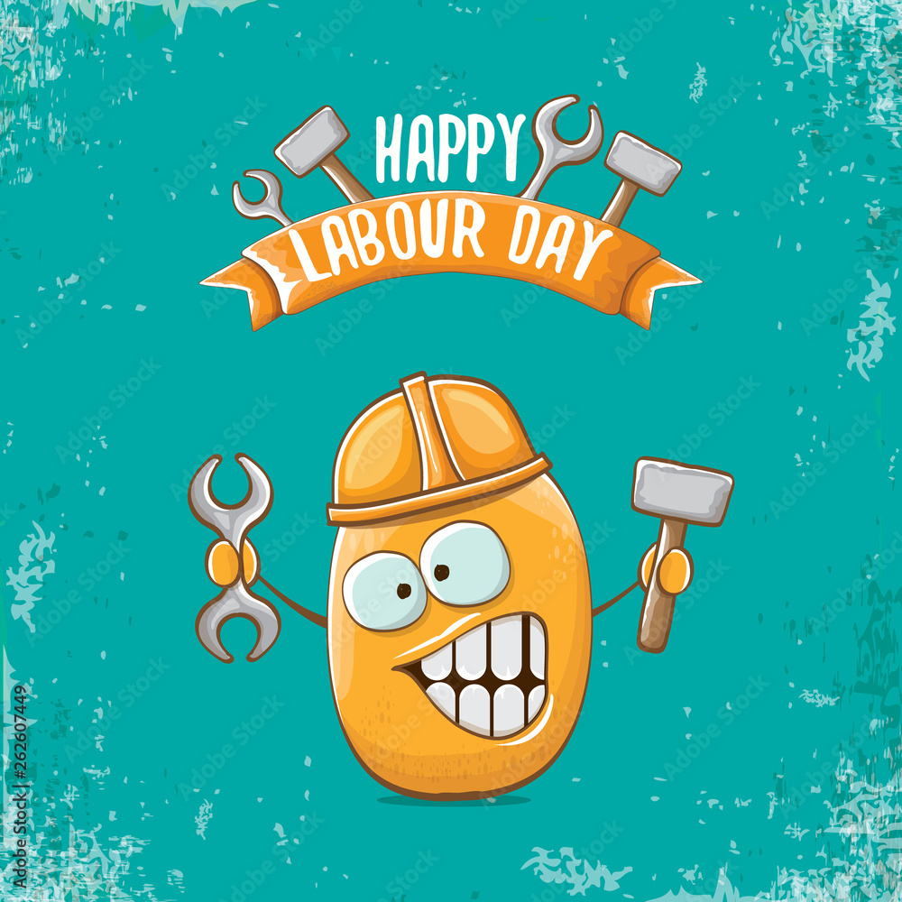 International workers day or labour day greeting card . vector funny  cartoon brown smiling worker potato with engineer helmet holding hammer and  wrench isolated on blue background. Mayday poster Stock Vector |