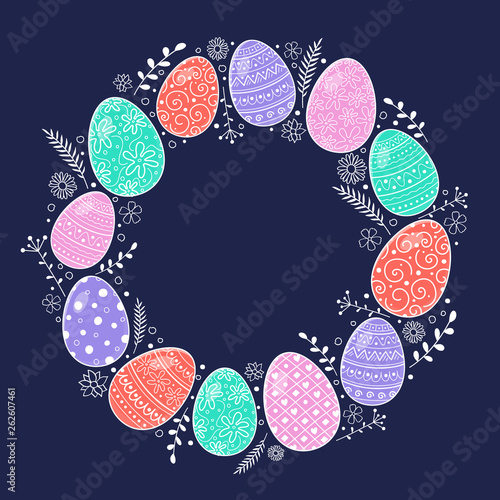 Layout of an Easter greeting card with beautiful eggs. Vector photo