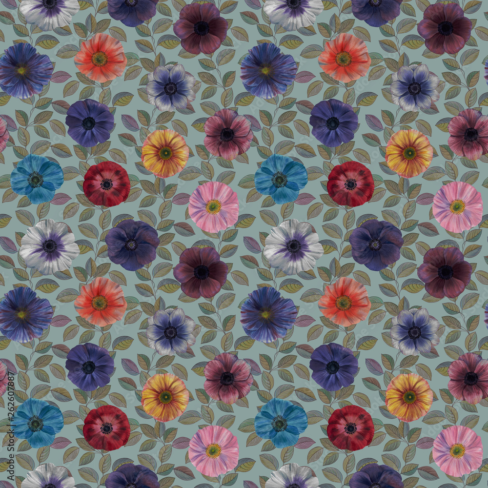 Seamless watercolor flowers pattern. Hand painted flowers and leaves of different colors. Flowers and leaves for design. Seamless watercolor flowers pattern. Hand painted flowers and leaves of different colors. Flowers and leaves for design.