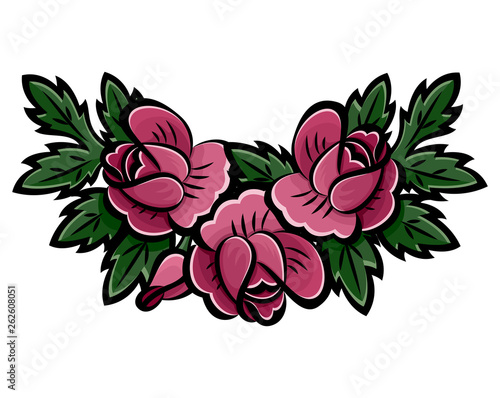 Wreath of pink roses, buds and green leaves with black stroke. Decoration element of cards, invitations, scrapbooking. Botanical hand drawn. Isolated on white background. Vector. Eps10 illustration.