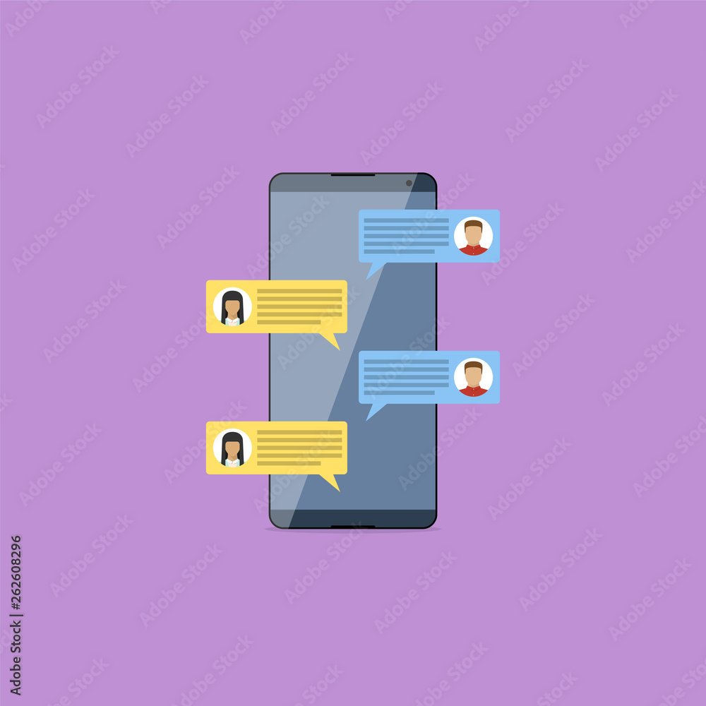Chat online application on the smartphone screen with speech bubbles. Vector illustration in flat style Chat online application on the smartphone screen with speech bubbles. Vector illustration in flat style