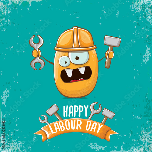 International workers day or labour day greeting card . vector funny cartoon brown smiling worker potato with engineer helmet holding hammer and wrench isolated on blue background. Mayday poster