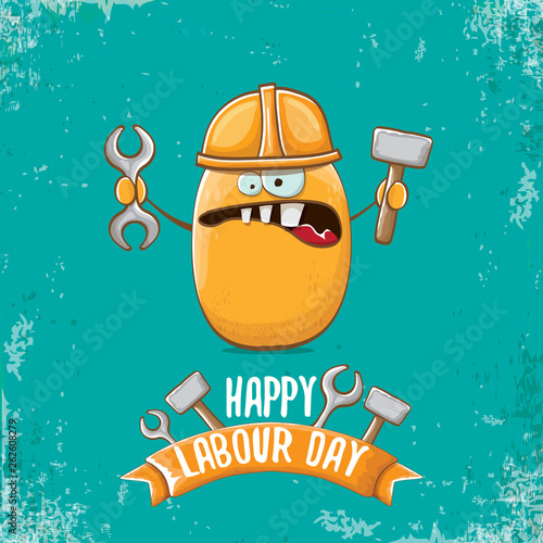 International workers day or labour day greeting card . vector funny cartoon brown smiling worker potato with engineer helmet holding hammer and wrench isolated on blue background. Mayday poster