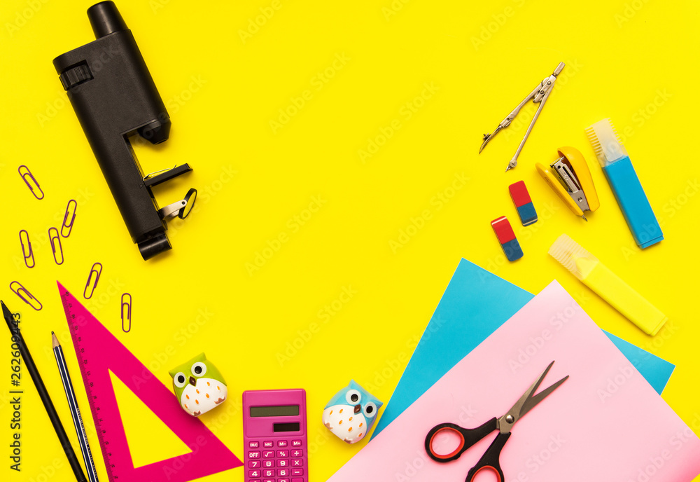 School Supplies And Coloring Pens Flat Lay On Yellow Background Stock Photo  - Download Image Now - iStock