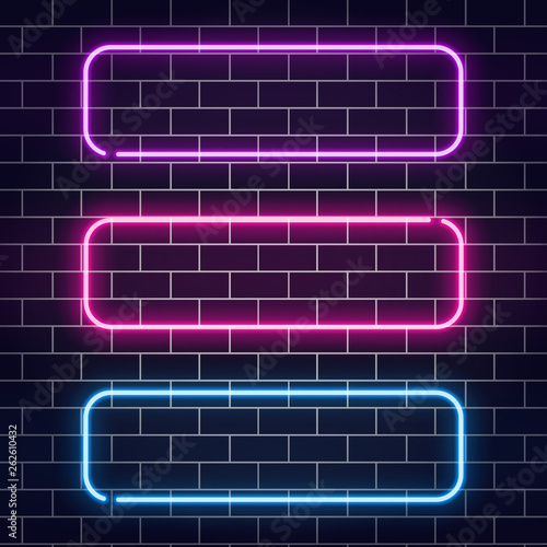 Neon banners set. Color neon frames on brick wall. Realistic glowing night signboard. Shining neon effect. Night bright advertising. Vector illustration