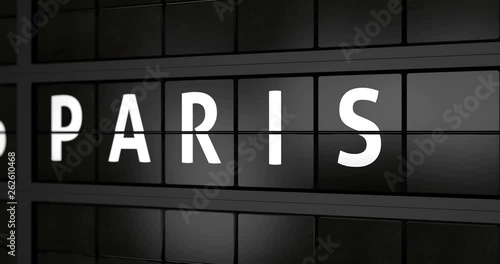 3D generated animation 4K, Analogue airport billboard with flight information, arrival city of Paris