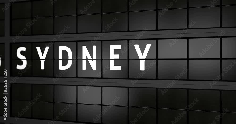 3D generated animation 4K, Analogue airport billboard with flight information, arrival city of Sydney 3D generated animation 4K, Analogue airport billboard with flight information, arrival city of Sydney