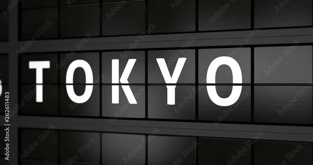 3D generated animation 4K, Analogue airport billboard with flight information, arrival city of Tokyo 3D generated animation 4K, Analogue airport billboard with flight information, arrival city of Tokyo