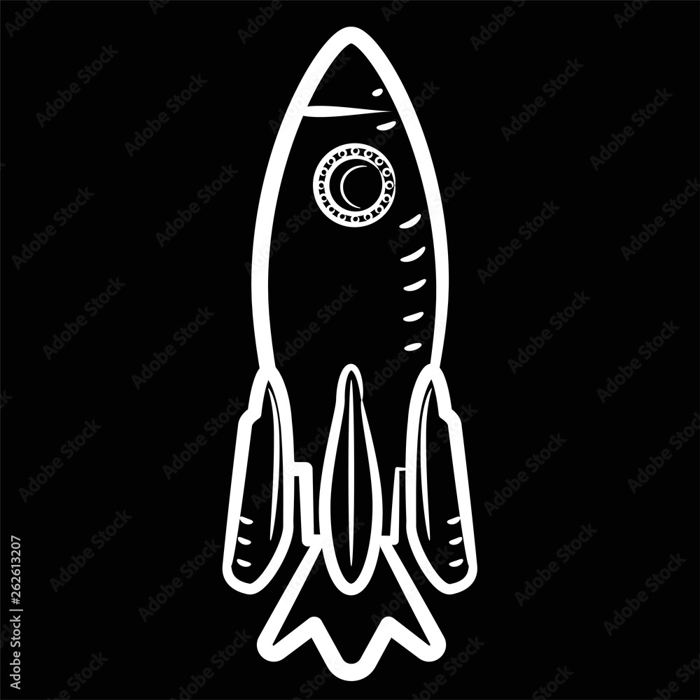 The rocket drawn by a white outline on a black background in the style of the sketch. Stock Vector Illustration The rocket drawn by a white outline on a black background in the style of the sketch. Stock Vector Illustration