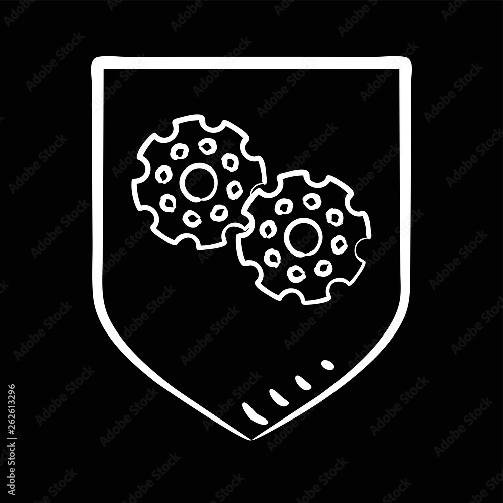 Shield with gears, hand-drawn with a white outline on a black background. Stock vector illustration. Settings. Icon. Sketch. Symbol. Shield with gears, hand-drawn with a white outline on a black background. Stock vector illustration. Settings. Icon. Sketch. Symbol.