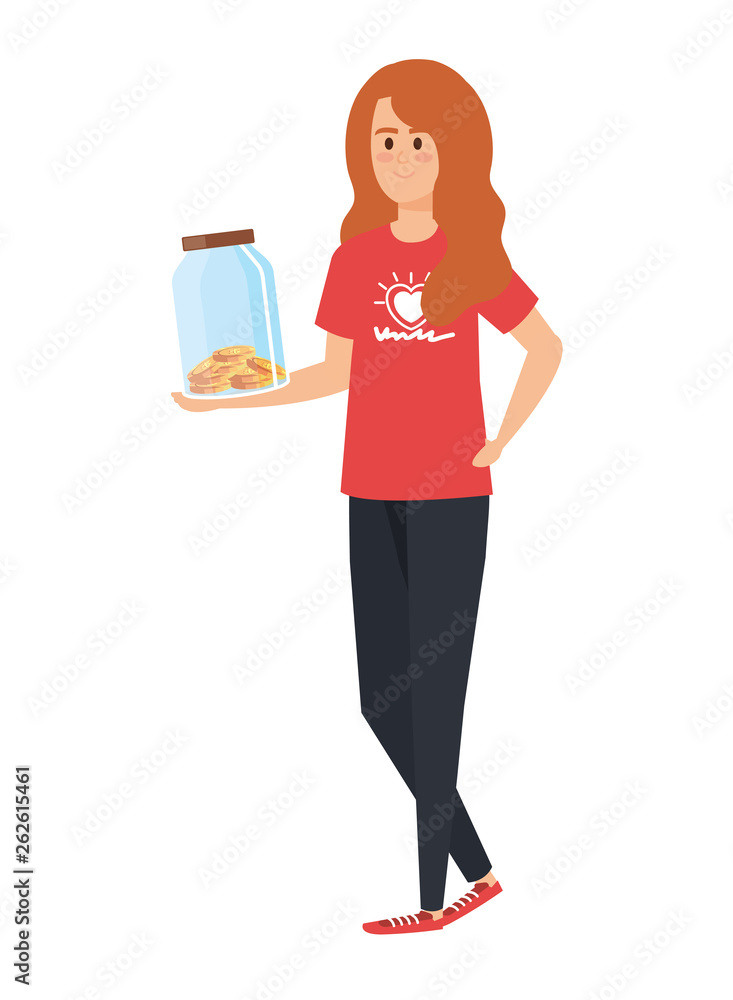 young woman volunteer with donations coins in jar young woman volunteer with donations coins in jar