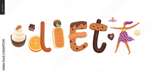 Dessert lettering - Diet - modern flat vector concept digital illustration of temptation font, sweet lettering and girls. Caramel, toffee, biscuit, waffle, cookie, cream and chocolate letters