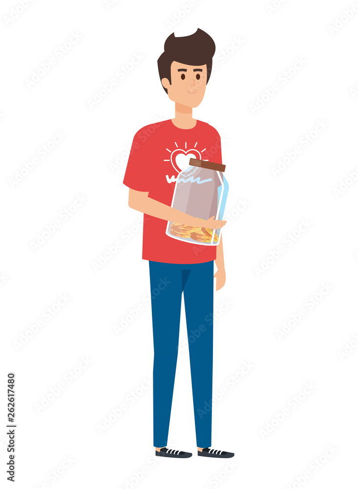 young man volunteer with donations coins in jar young man volunteer with donations coins in jar