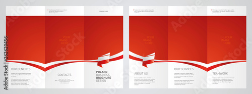 Wavy flag and ribbon of Poland three fold brochure modern design red abstract background