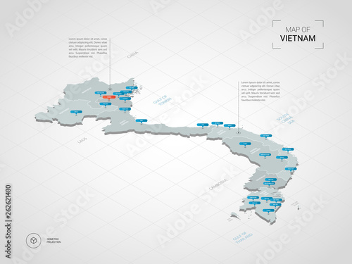 Isometric  3D Vietnam map. Stylized vector map illustration with cities, borders, capital, administrative divisions and pointer marks; gradient background with grid. 