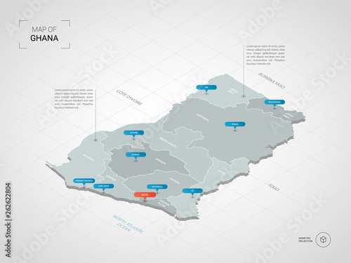 Isometric 3D Ghana map. Stylized vector map illustration with cities, borders, capital, administrative divisions and pointer marks; gradient background with grid. 