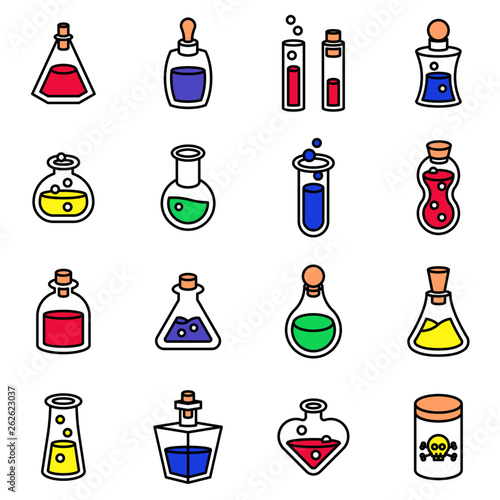 Magical Science Potions Color Line Vector Icons Set
