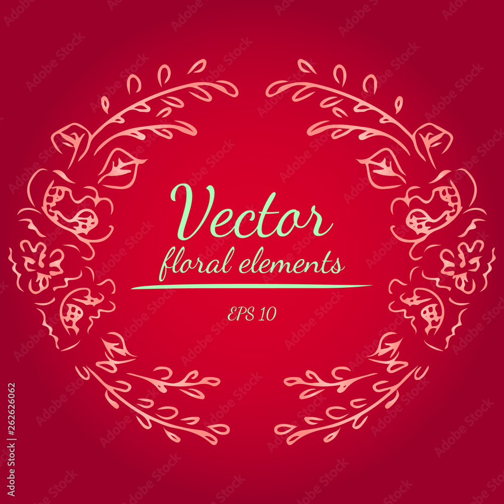 Wreath of peonies flowers branch on red color background. Floral circle frame design elements for invitations, greeting cards, posters, blogs. Hand drawn vector illustration. Vector floral elements