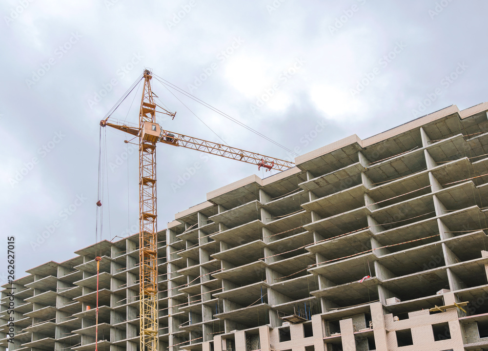 Construction of a high-rise building with a crane. Construction of a high-rise building with a crane.