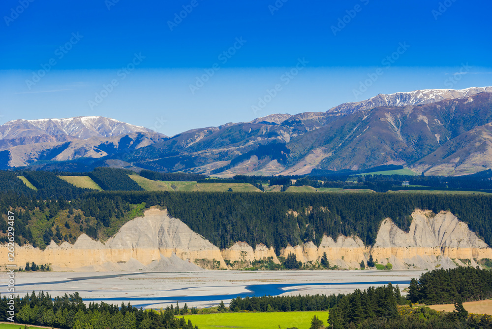 View of the mountain landscape in Southern Alps, New Zealand. Copy space for text.