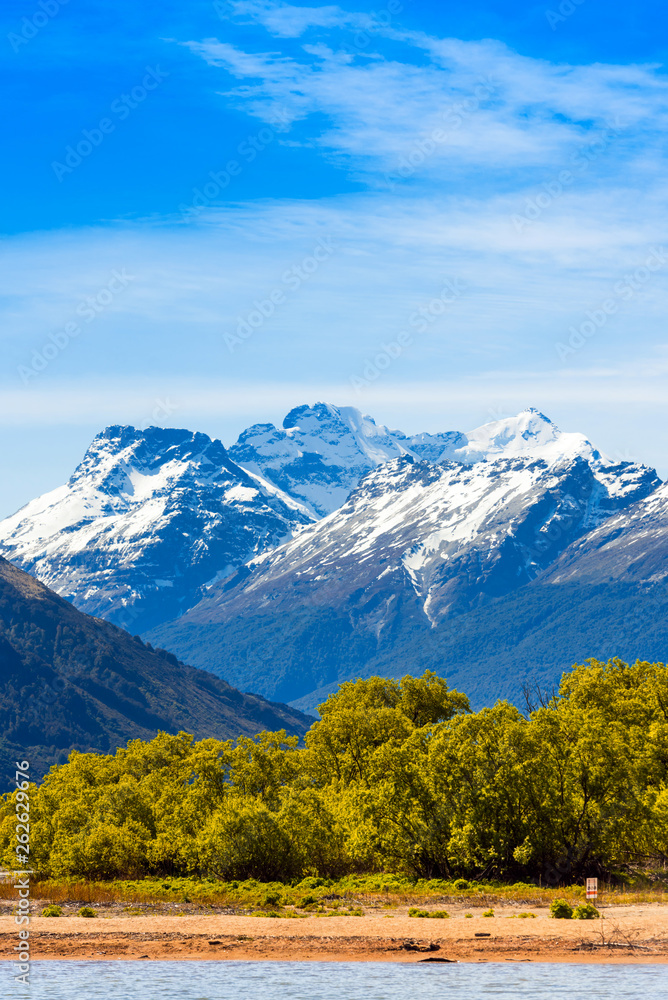 View of the landscape in Southern Alps, New Zealand. Copy space for text. Vertical.