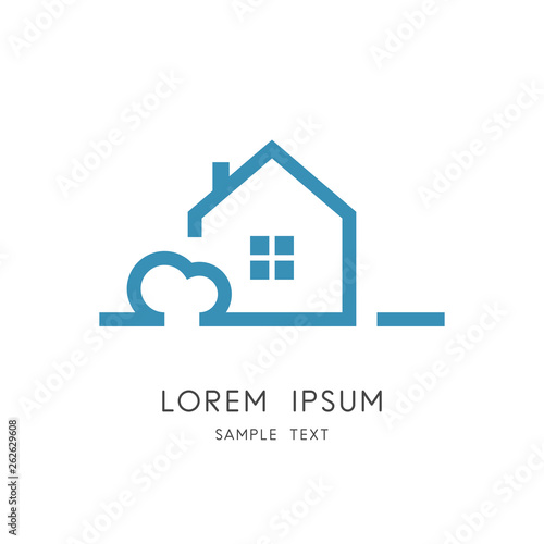 Sweet home symbol - cozy house with window and chimney on the roof and small tree. Suburban life, calm and happiness vector icon.