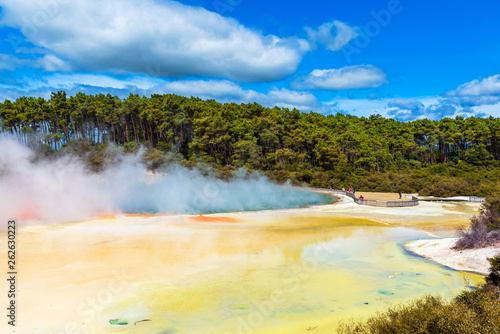 Geothermal pools in Wai-O-Tapu park, Rotorua, New Zealand. Copy space for text.