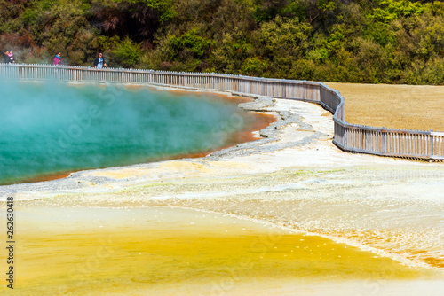 Champagne Pool in Wai-O-Tapu park, Rotorua, New Zealand. Copy space for text.