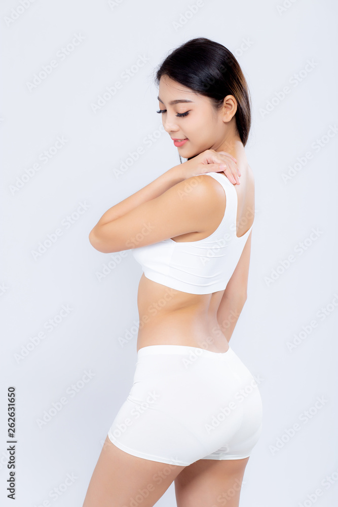 Portrait young asian woman smiling beautiful body diet with fit isolated on white background, model girl weight slim with cellulite or calories, health and wellness concept. Portrait young asian woman smiling beautiful body diet with fit isolated on white background, model girl weight slim with cellulite or calories, health and wellness concept.
