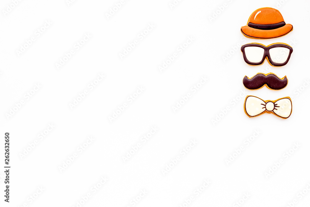 bow tie, moustache, glasses and hat for Happy Father Day party on white background top view copy space bow tie, moustache, glasses and hat for Happy Father Day party on white background top view copy space