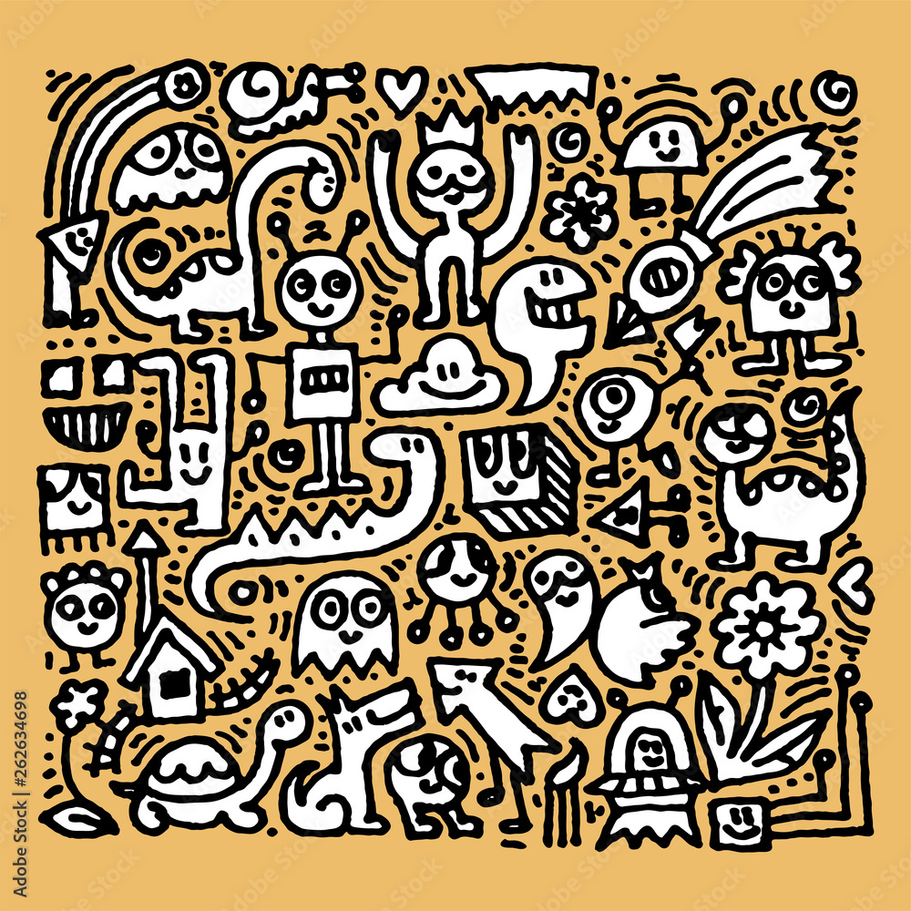 Cartoon cute doodles hand drawn grunge illustration. Line art scribble detailed, with lots of objects and lines background Cartoon cute doodles hand drawn grunge illustration. Line art scribble detailed, with lots of objects and lines background