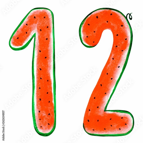 Aquarelle watermelon handwritten numbers: 1 and 2 (one and two). Isolated on a white background. Illustration. Summer font.