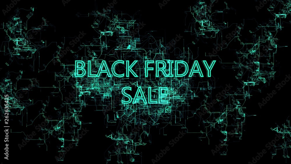 Animation of the Digital Network. Sign 'Black Friday Sale'. Blue wires, black background Animation of the Digital Network. Sign 'Black Friday Sale'. Blue wires, black background