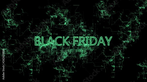 Animation of the Digital Network. Sign 'Black Friday'. Green wires, black background