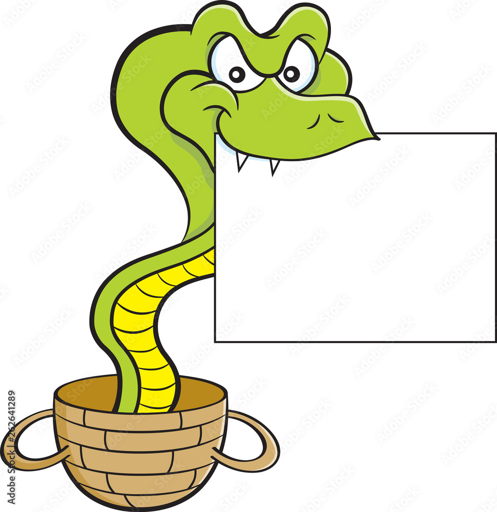 Cartoon illustration of a cobra coming out of a basket and holding a sign. Cartoon illustration of a cobra coming out of a basket and holding a sign.