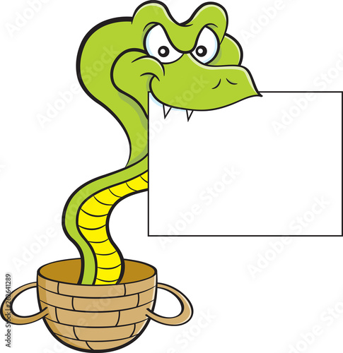 Cartoon illustration of a cobra coming out of a basket and holding a sign.